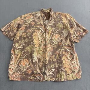 Tommy Bahama 100% Silk Hawaiian Shirt Mens 2XL Gold Brown Floral Camp Tropical